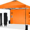 10'x10' Pop Up Canopy Tent with 1 Sidewall and 6 Pockets, One Push Setup, Instant Shade Tent with Vented Roof for Beach Patio Outdoor, Case, 8 Stakes, 4 Ropes, 4 Sandbags (Orange, 10x10)