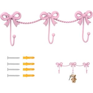 Pink Bow Hooks Bow Wall Hook, 3 Bow Knot Coat Hooks Metal Bowknot Towel Hooks Door Hanger Holder for Wedding Bathroom Bags Coats Hats Coffee Mugs Room Kitchen Decorations (Pink-A)