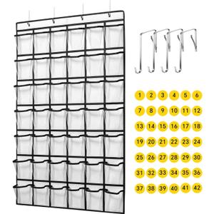 ANSTROUT 42 Clear Pockets Classroom Pocket Chart for Cell Phones and Calculator, Pocket Chart Organizer for Classroom Phone Storage Holder with 42 Number Sticker and Hooks (White)
