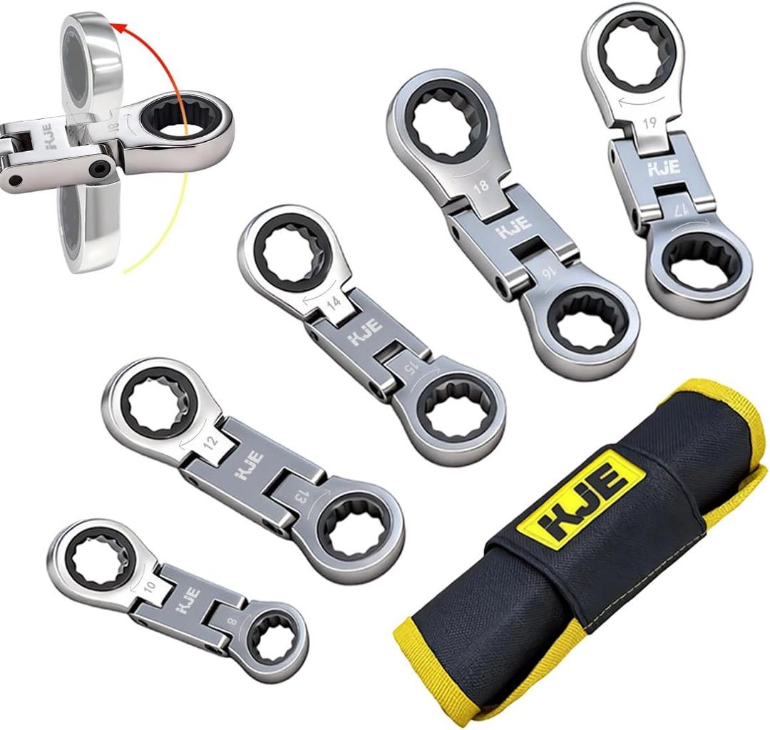 KJE 5PCS Stubby Metric 8-19mm Wrenches Set, 72-Tooth Flex Head Ratcheting Combination Wrench Set,Mini Wrench Set, Compact Double Box End Ratchet Wrench, for Tight Spaces