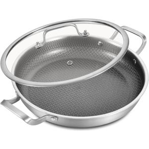 LOLYKITCH 12 In Nonstick Frying Paella Pan with Side Handles & Lid, Ceramic Coating, Tri-ply Stainless Steel, Induction Compatible, PFOA-free, Oven Safe to 600F, Dishwasher-safe