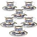 fanquare 2.5 Ounce Espresso Cups Set of 6, 12 Pieces Ceramic Demitasse Cup and Saucers, Blue Lace Pattern Espresso Mugs for Coffee Bar Home