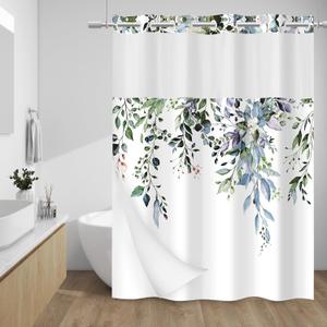 No Hook Shower Curtain with Snap in Liner - Eucalyptus Shower Curtain - Fabric Waterproof Inner Liner, Plants Green Leaves Modern Shower Curtains - Machine Washable, 71 x 74