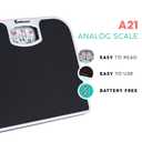 Adamson A21 Analog Scales for Body Weight - Up to 300 LB - New - Anti-Skid Rubber Surface + Large Numbers - Analog Bathroom Scale - Affordable - Durable with 20-Year Assurance - Black