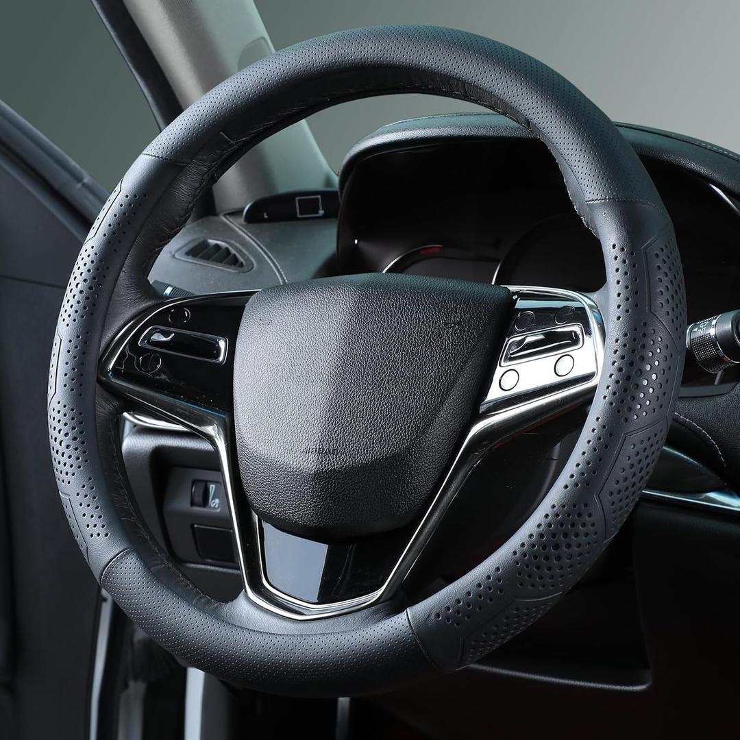 Leather Steering Wheel Cover for Nissan, 14.5-15 inches D Shape Car Steering Wheel Cover for Rogue,Altima,Kicks,Sentra,Altima,Maxima with Non-Slip Breathable Standard Size (Black)