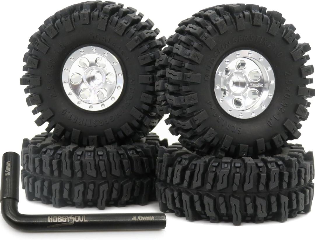 HOBBYSOUL 64mm Mud Slingers 1.0 tires & Heavy Adjustable Offset 1.0 beadlock wheels Rims, Negative Offsets 1.0 wheels and tires For RC Crawler 1/24 SCX24 & 1/18 TRX4M (Silver)