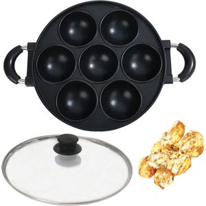 Japan large aperture takoyaki pan with glass cover,cake mold baking pan,fry eggs,Poffertjes pan,Appam pan,Banh khot pan,cupcake pan,takoyaki maker,Nonstick,0.95kg(7 Hole)