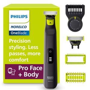 Philips Norelco OneBlade Pro 360 Face + Body Electric Shaver, Beard Trimmer and Groomer, with 360 Blade Technology, 14-Length Precision Comb, Body Kit, Soft Pouch, Model QP6542/70 (Black/Lime Green)