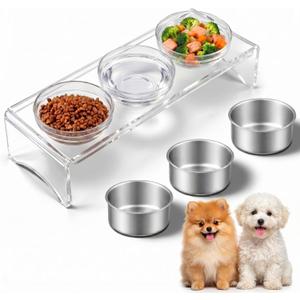Elevated Acrylic Dogs Bowl Stand, 3.75" Tall Raised Cat & Dog Bowls with 3 Stainless & 3 Glass, Non-Slip, Easy to Clean, Raised Dog Bowls for Small Dogs, Cats, Pets, Puppy