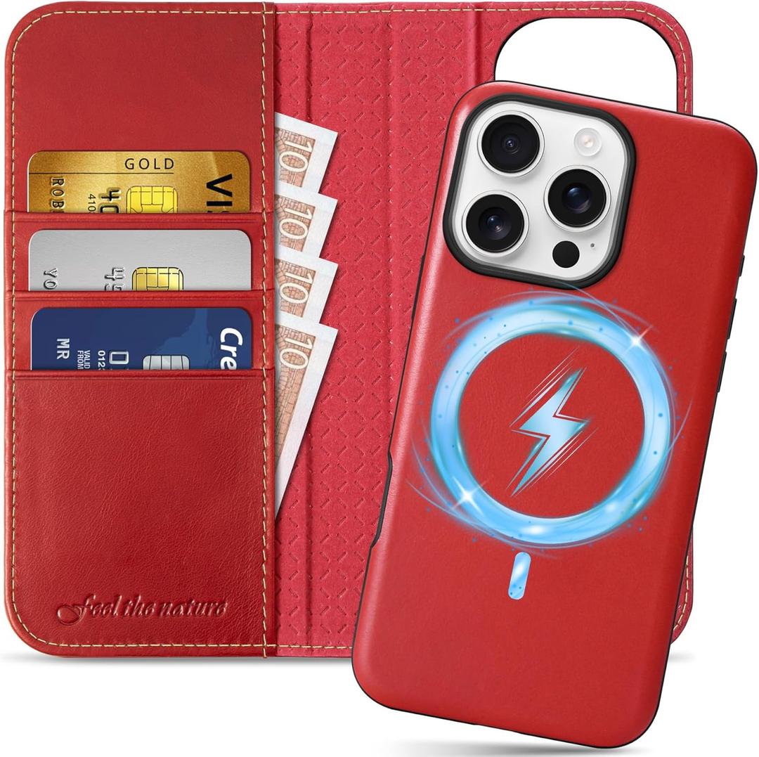 SHIELDON Case for iPhone 16 Pro 6.3", Genuine Leather Wallet Wireless Charging Detachable Magnetic RFID Blocking Credit Card Holder Kickstand Protective Case Compatible with iPhone 16 Pro - Retro Red