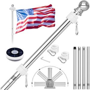 ZMTECH 5FT Flag Pole for Outside House with Solar Light, Tangle Free Stainless Steel Flag Pole Kit, 180 Adjustable Flag Pole Holder & Flag Holder Bracket, Silver (No Flag)
