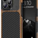 TENDLIN Compatible with iPhone 16 Pro Phone Case Wood Grain with Carbon Fiber Texture Design Leather Hybrid Slim Case (Black)