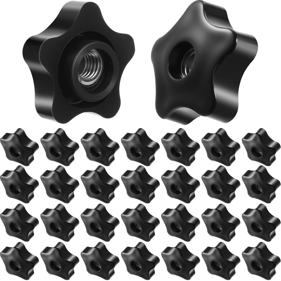 Zhengmy 30 Pcs Female Threaded Knob Black Plastic Head Thru Star Nuts Clamping(5 Star,3/8''-16)