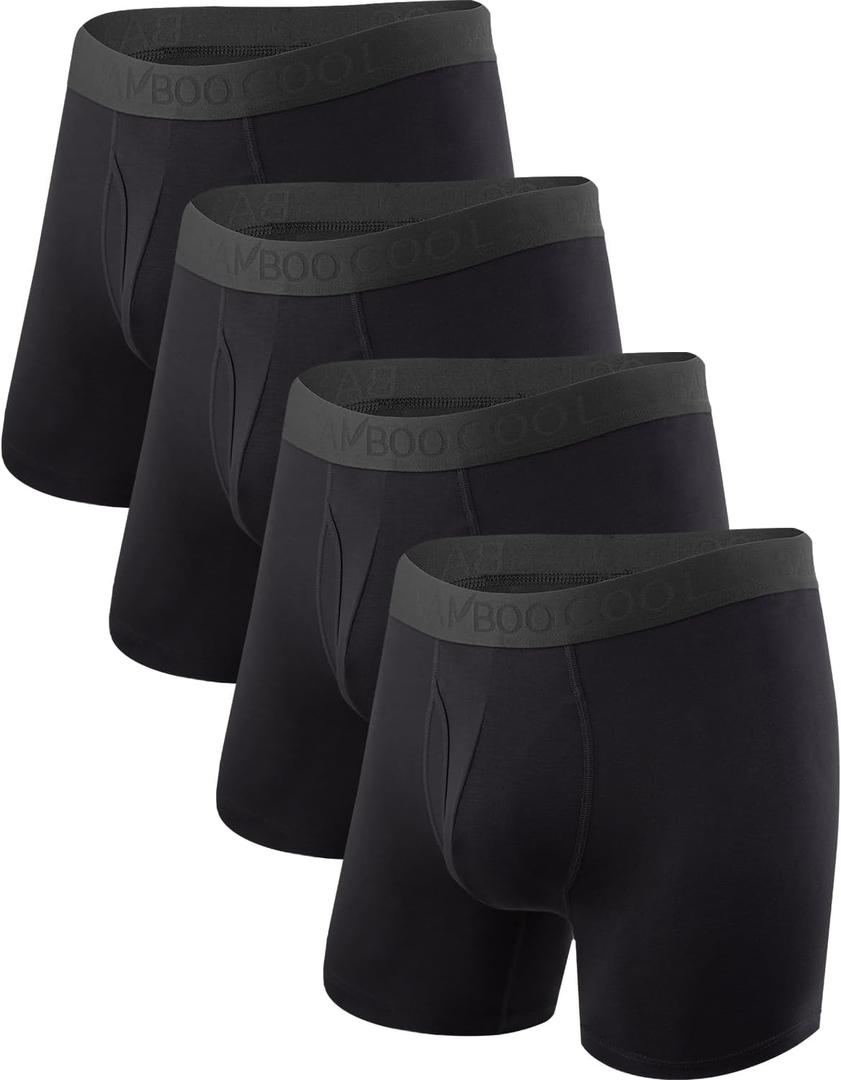 BAMBOO COOL Men's Underwear Boxer Briefs Fly with Built-in 3D Pouch Comfortable Cool Underwear for Men 4 Pack (Black, M)