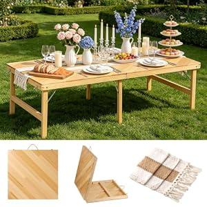 Muscovite Folding Picnic Table, 5 Ft Solid Wood Low Floor Portable Picnic Table with Boho Table Runner for Indoor & Outdoor, Patio, Beach, Kids, Party, Garden, Camping, Wedding, Travel