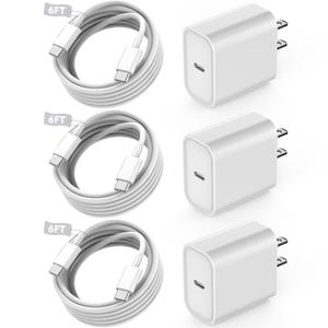 Fast USB C Charger Block,3Pack Long 6FT USBC to USBC Cable iPad Cord 20W iPhone 17 Pro Max Charger Travel Plug Fast Charging for iPhone 17/17 Air/17 Pro/16/16e/16 Pro/16Plus/15/15Pro/Pro Max/Plus,iPad