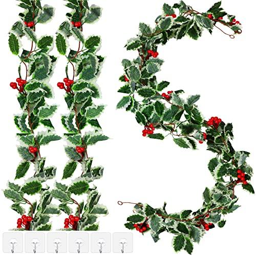 Luinabio 9 Pcs Holly Garland with Berries Set Includes 5.7 ft Christmas Red Berry Garland Decoration with Hooks Green Leaves Winter Outdoor Vines for Stairs Mantel Table Fireplace Home Decor