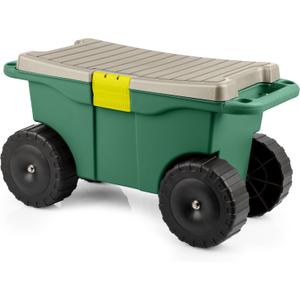 Rolling Garden Cart with Seat - Plastic Storage with Bench and Interior Tool Tray - Gardening Stool for Weeding and Planting By Pure Garden (Green)