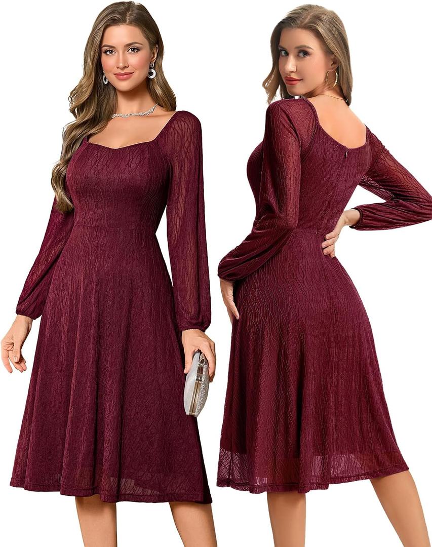 Bbonlinedress Formal Wedding Guest Dress Square Neck Lace Cocktail Dress Bridesmaid Long Sleeve A-Line Midi Tea Prom Gown (XL)