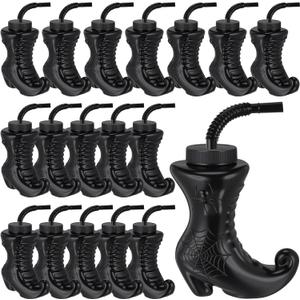 Hoolerry 24 Pack Halloween Witch Shoes Cup with Straw and Lids Witch Party Favors 10 oz Reusable Plastic Black Boots Cups for Birthday Halloween Themed Party Supplies Decoration Gifts