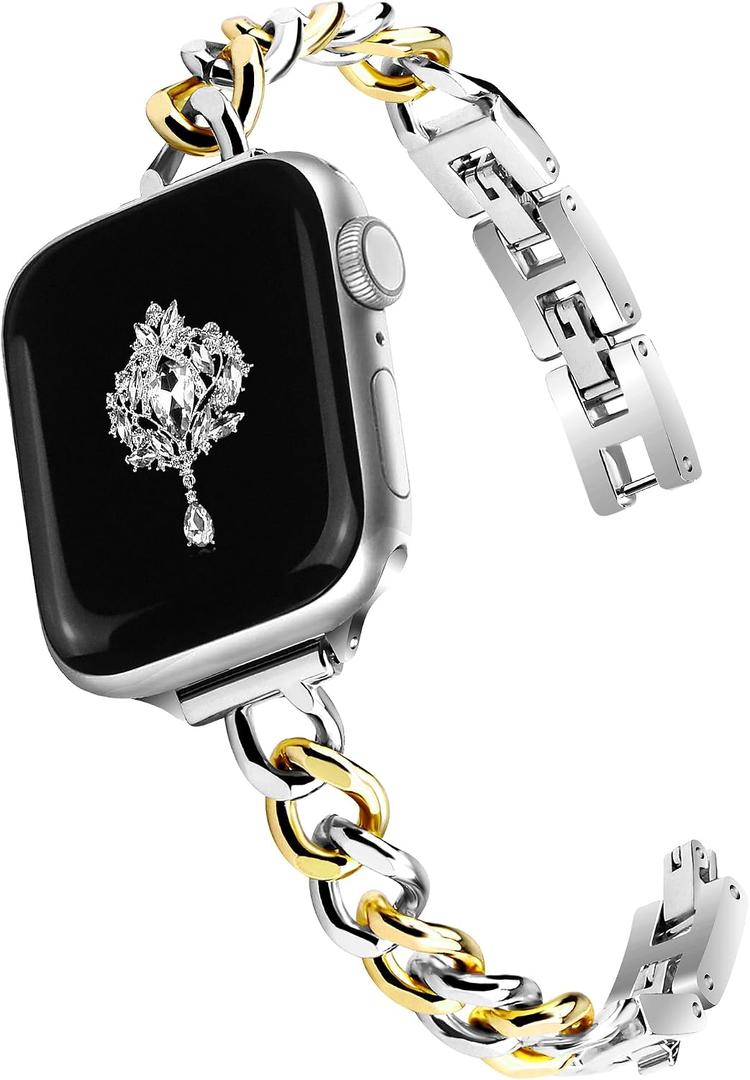 Newlibery Slim Silver Gold Band for Women Feminine Elegant Compatible with Apple Watch 38/40/41/42mm (S10/11) Adjustable Metal Strap Dressy Chain Bracelet for iWatch Series 11/10/9/8/7/6/5/4/SE/3/2/1