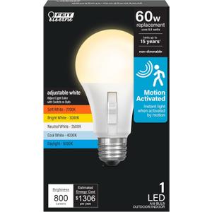 Feit Electric LED Motion Sensor Light Bulb, A19 60W Equivalent, 5CCT, Non-Dimmable, E26 Medium Base, 90 CRI, 800 Lumens, Adjustable White, 15 Years Lifetime, OM60/5CCTCA/MM/LEDI