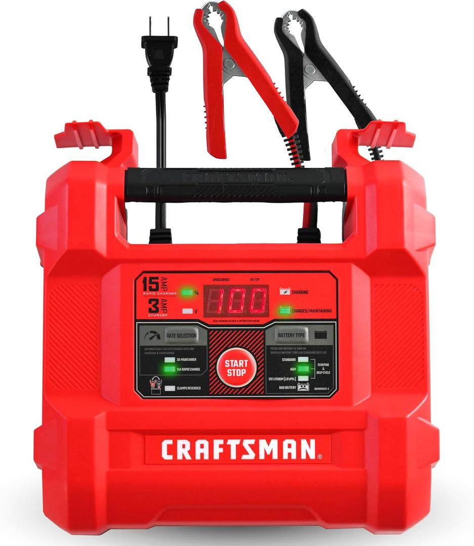 CRAFTSMAN 15A Car Battery Charger and Battery Maintainer, 4-in-1 Solution, for 6V/12V Power Sport, Automotive, and Marine Batteries, CMXCESM162