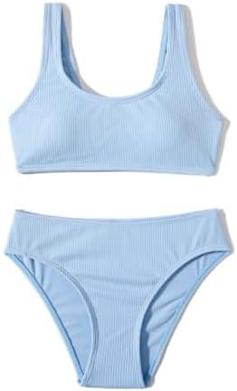 MIENOE Teen Girls' Swimsuits Two-Piece V-Neck Bikini Adjustable Shoulder Straps Swimsuit Kids Bikini with Chest Pad XL (160)