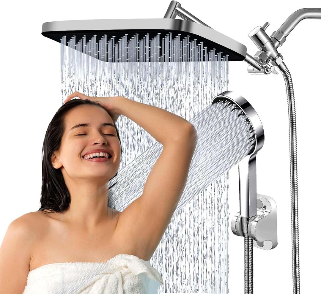 Ashwanth Shower Head,14Rain Shower Head with Handheld Spray Combo with ON/OFF Pause Switch and 11'' Angle Adjustable Extension Arm, Silver, QY-HST-1