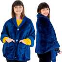 EzrAllora Premium Double Layer Poncho Blanket for Women -Drape and Go No Sleeves- Sherpa Fleece Shawl with Pockets - Wearable Blanket - Gifts for Her Mom and Grandma (Blue)