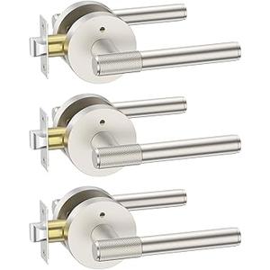 FILTA 3 Pack Brushed Nickel Privacy Door Handles, Knurled Door Levers Interior Champagne Bronze Door Lever Bathroom Door Knobs Heavy Duty Square Door Lock