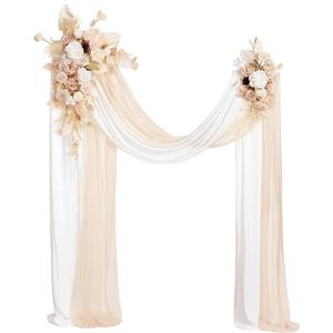 Ling's moment Spring Wedding Arch Flowers Kit Pack of 4, 2pcs Hanging Flower Arrangement 2pcs Chiffon Drapes Ceremony Fake Rose Arbor Backdrop Artificial Floral Outdoor Decorations, White Beige