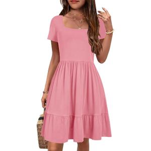 YOVION Girls Summer Dress Square Neck Short Sleeve Casual Loose Ruffle Tiered Dresses with Pockets for 6-7 Y (Pink)