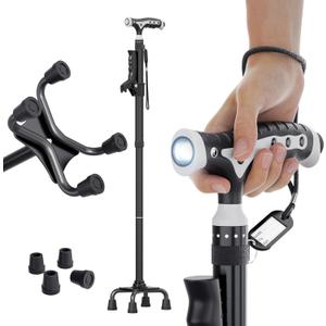 Hold 440 lbs Walking Cane for Seniors Aluminum Alloy Lightweight Height Adjustable Walking Stick Heavy Duty Foldbale Free Standing Cane with LED for Men and Women Adults