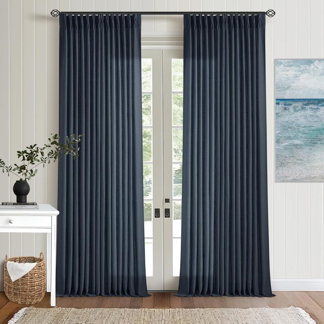Navy Blue Pleated Linen Curtains 96 Inches Long for Living Room 2 Panel Set Semi Sheer Light Filtering Pinch Pleat with Rings Hooks Drapes Boho Farmhouse Dark Blue Indigo Curtain Bedroom Window, 40"W x 96"L