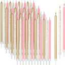 48-Pack Metallic Glitter Confetti Long Thin Birthday Cake Candles 5-Inch with Holders, 3 Colors