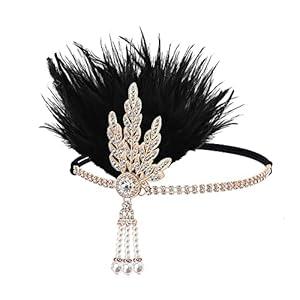 1920s Flapper Headpiece Roaring 20s Feather Headband Great Chain Hair Accessories Vintage Wedding Leaf Pearl (Black)