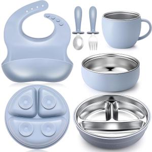 Nuogo 6 Pcs 304 Stainless Steel Kids Plates and Bowls Set Stainless Steel Suction Bowls and Toddler Cup with Removable Silicone, Forks Spoons Pocket Bib for Baby Toddle (Blue)