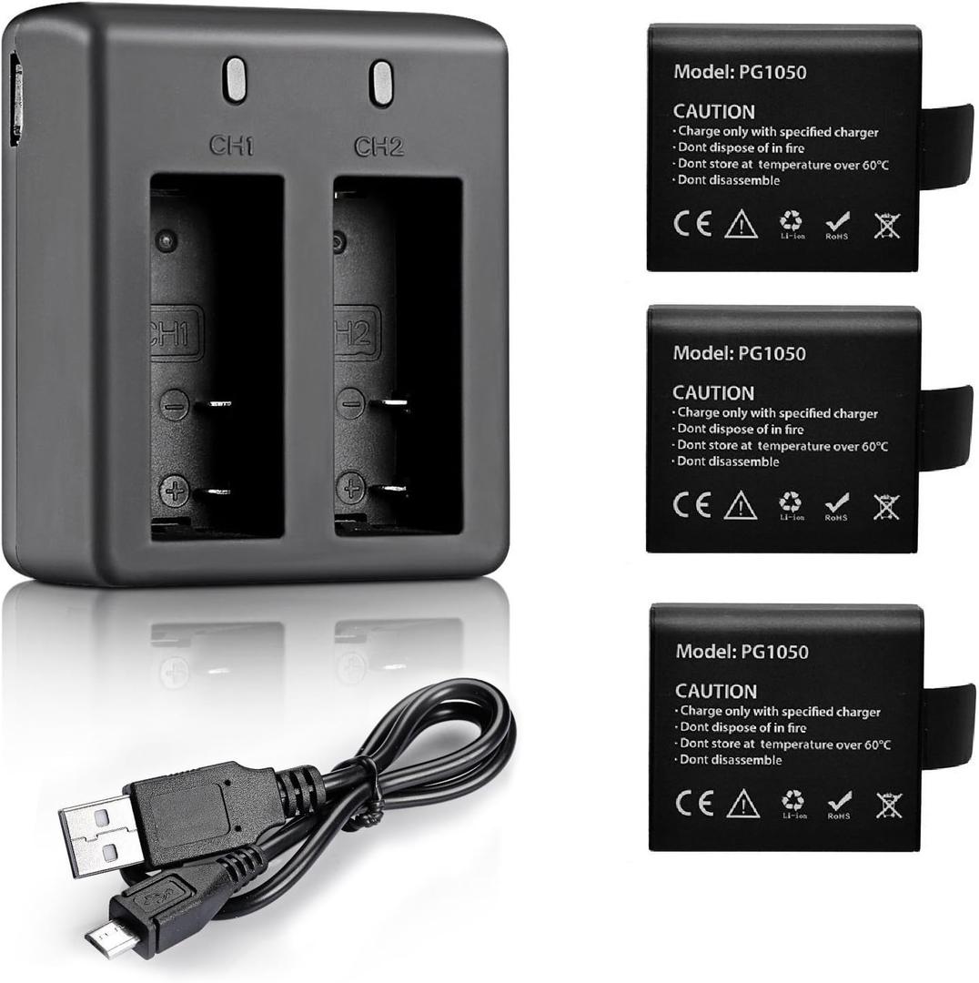 VVHOOY 3 x 1050mAh Rechargeable Action Camera Battery with USB Dual Charger Compatible with AKASO EK7000/Brave 4/V50X/Apexcam/VEMONT/Dragon Touch Vision 3/REMALI CaptureCam/Jadfezy Action Camera