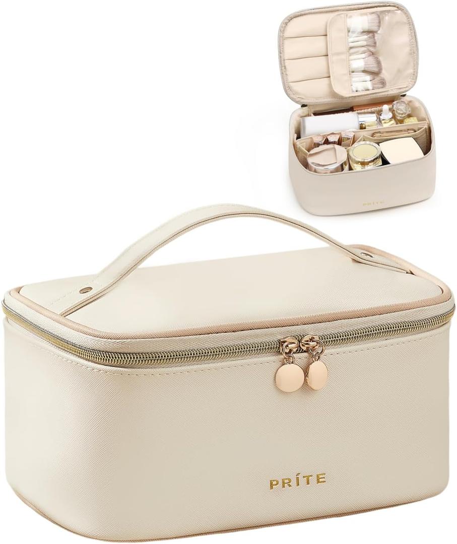 Prite Makeup Bag, Large Capacity Portable Travel Cosmetic Bag, Waterproof Makeup Organizer for Women with Handle and Divider(Beige)