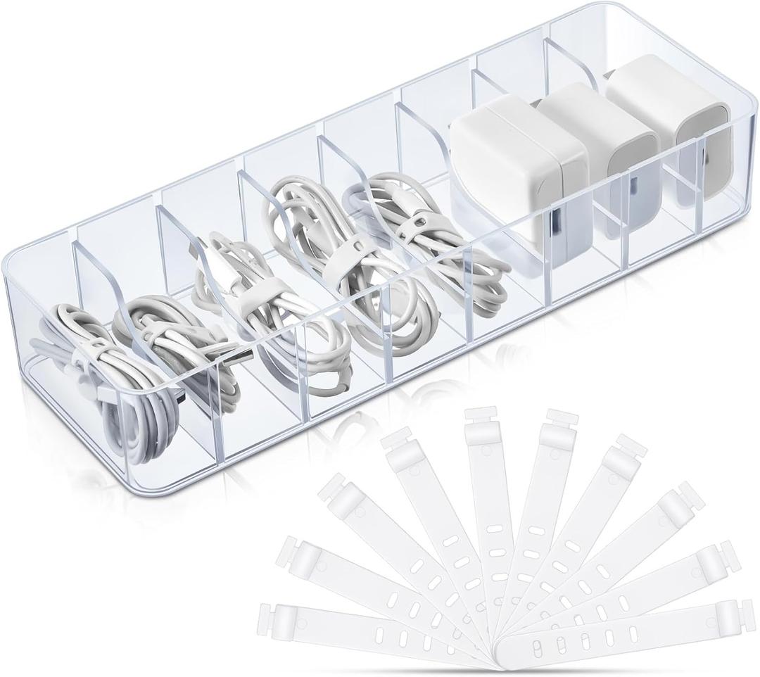 Tatuo 1 Pcs Cable Organizer with 10 Wire Ties, Plastic Cord Storage Charger Box Electronics Organizer with Adjustment Compartments Cable Storage for Drawer Home Office Desk Accessories (Clear)