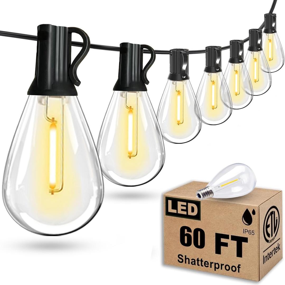 Tenmiro 60FT Outdoor String Lights, Waterproof 16+1 Edison Shatterproof Bulbs Led Outside Patio Lights for Porch Deck Garden Backyard Balcony Wedding Party Decor