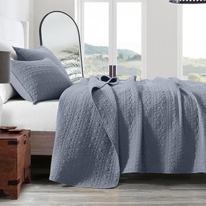 HORIMOTE HOME Quilt Set Queen Size Denim Blue, Classic Geometric Spots Stitched Pattern, Pre-Washed Microfiber Coverlet Ultra Soft Lightweight Quilted Bedspread for All Season, 3 Pieces