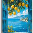 Vibrant vintage window canvas painting frame lemon tree branches with yellow fruits turquoise ocean waves white village red roofs in the distance scattered clouds coastal scenery tranquil home decor
