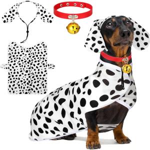 3 Pcs Dalmatian Small Dog Costume Set Cute Dalmatian Dog Poncho Headband and Red Collar with Bell Animal Print Cosplay Costumes Soft Coat for Pet Daily Holiday Dress up Accessories
