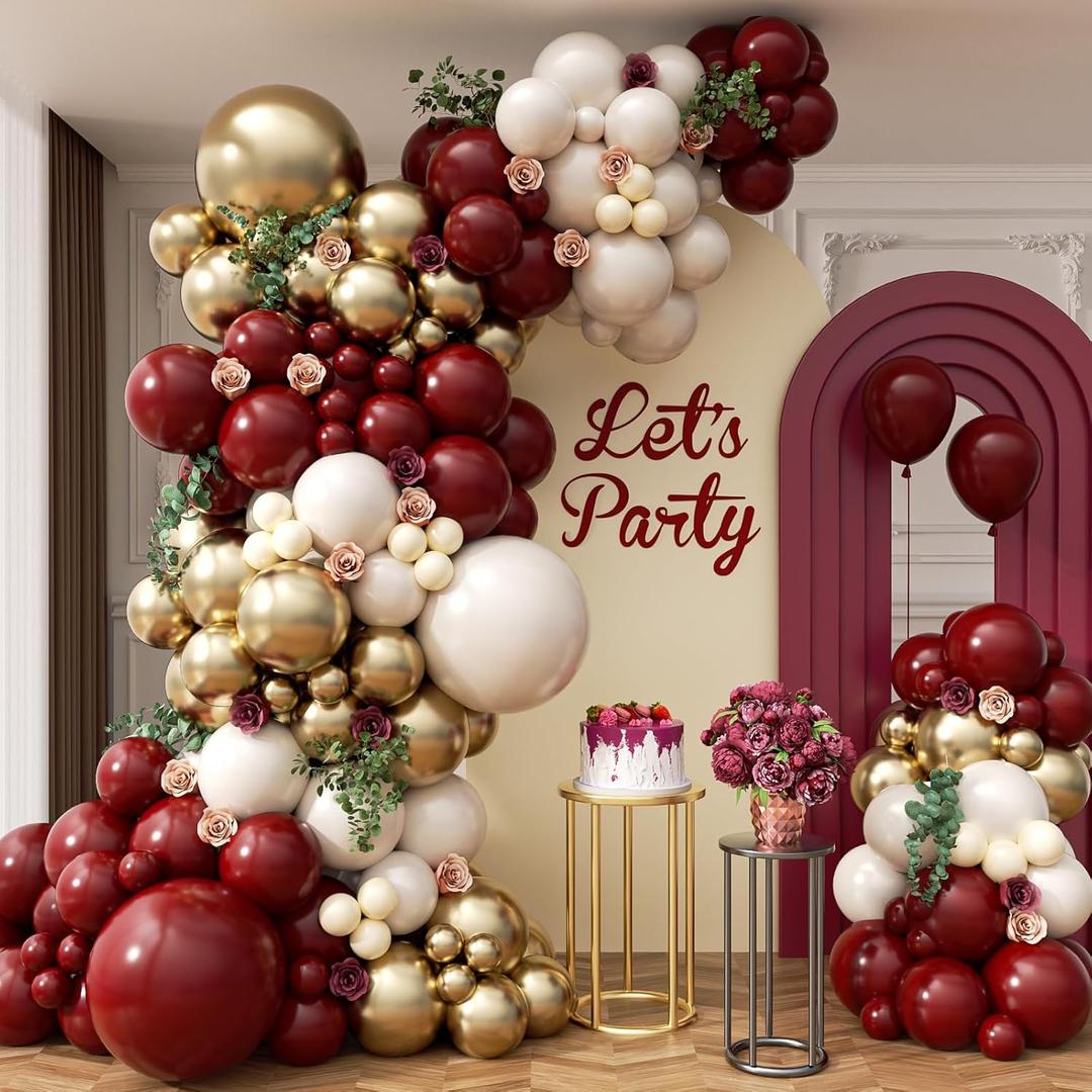 Burgundy Balloon Garland Arch Kit with Burgundy Maroon Sand White Metallic Gold Nude Balloons for Maroon and Gold Graduation Bridal Shower Party Birthday Decorations