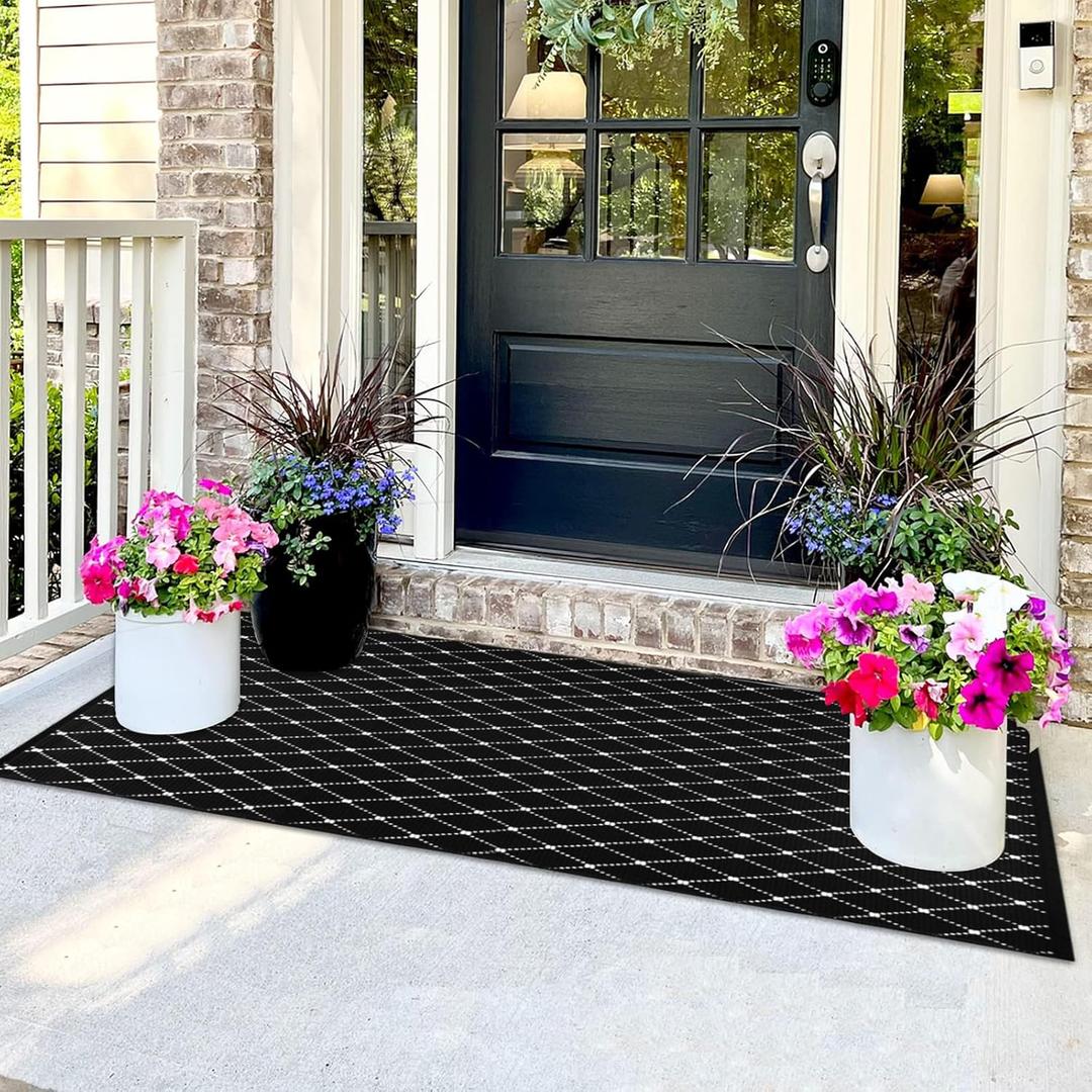 Front Porch Rug Black Boho Outdoor Rug 23.6" x 51.2" Door Mat Cotton Hand Woven Rug for Front Porch Decor Reversible Washable Welcome Layered Doormat for Farmhouse Entryway Kitchen Patio