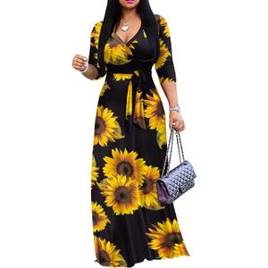 FANDEE Plus Size Maxi Dress for Women Casual Summer Sundress V-Neck 3/ 4 Sleeve(Sunflower, X-Large)