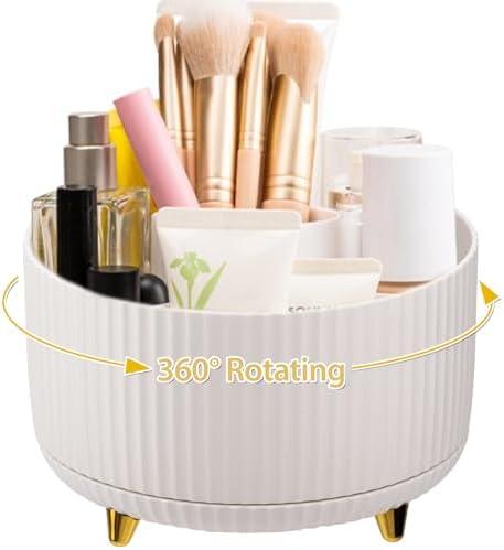 Amrules Makeup Brush Holder, Multi-angle Rotating Makeup Organizer, Multifunction Cosmetic Organizer for Bathroom Countertop, Bedroom Nightstand, Desktop, Makeup Desk Organizer, White