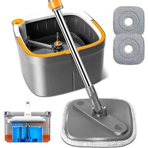 KZKR Spin Mop and Bucket Set with 2 Replaceable Microfiber Mop Pads with Self Separation Dirty and Clean Water System, Self Wringing 360 Rotating Square Mop Head for Hardwood Tile Marble Floors (1.0 Mop Bucket Set with 2 Pads)